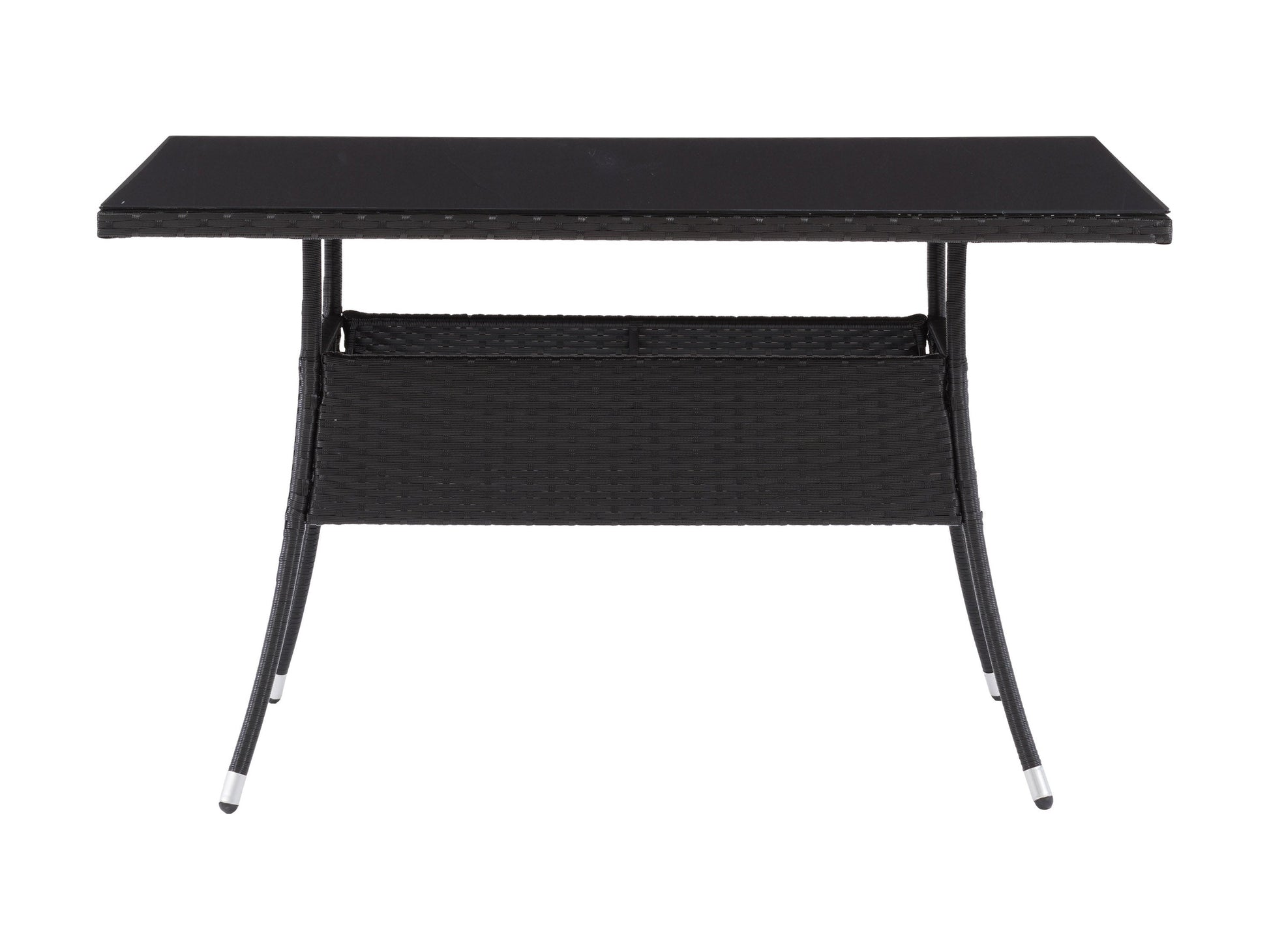 Gray wicker patio dining set with six cushioned chairs, rectangular glass-top table, and weather-resistant materials, perfect for outdoor dining and entertaining.