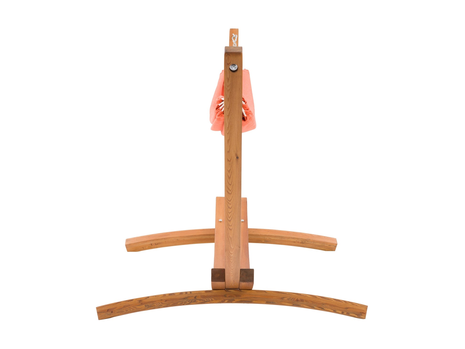 Orange patio hammock with sturdy wooden stand, featuring a woven fabric texture and curved wood frame, perfect for outdoor relaxation.