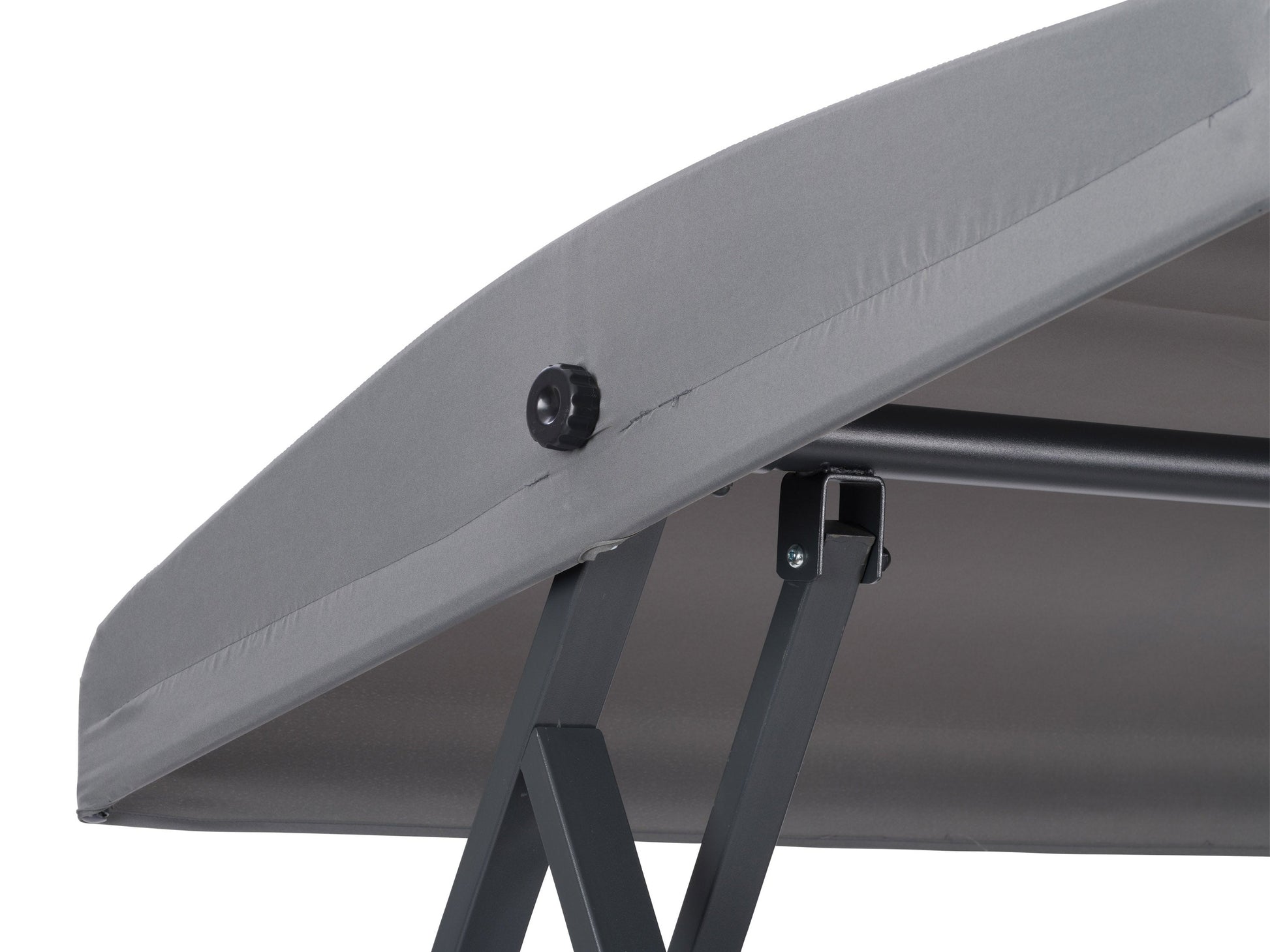 Grey patio swing with canopy, featuring a sturdy metal frame, comfortable cushioned seats, and weather-resistant fabric. Ideal for outdoor relaxation in gardens, patios, or backyards.