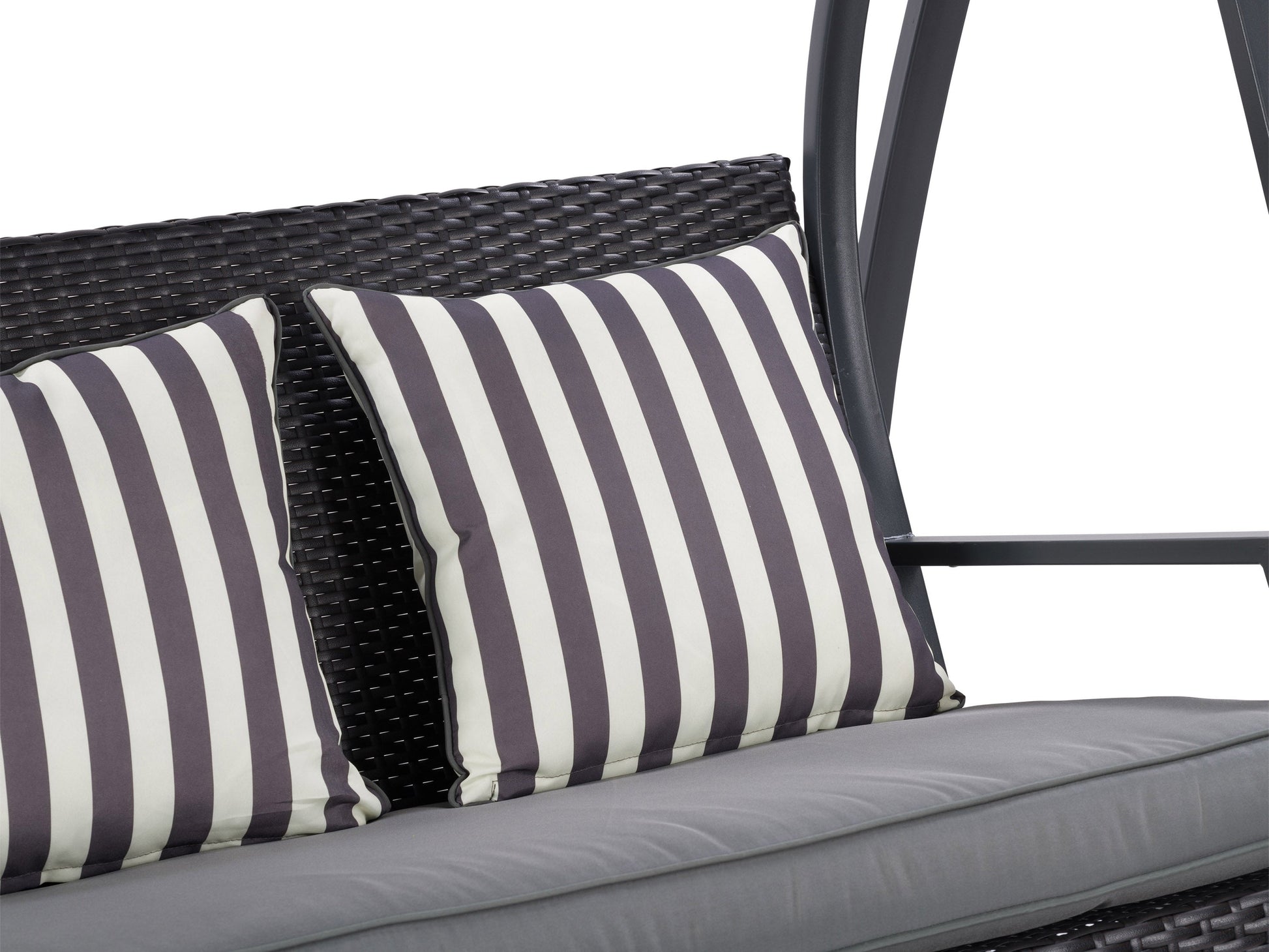 Grey patio swing with canopy, featuring a sturdy metal frame, comfortable cushioned seats, and weather-resistant fabric. Ideal for outdoor relaxation in gardens, patios, or backyards.