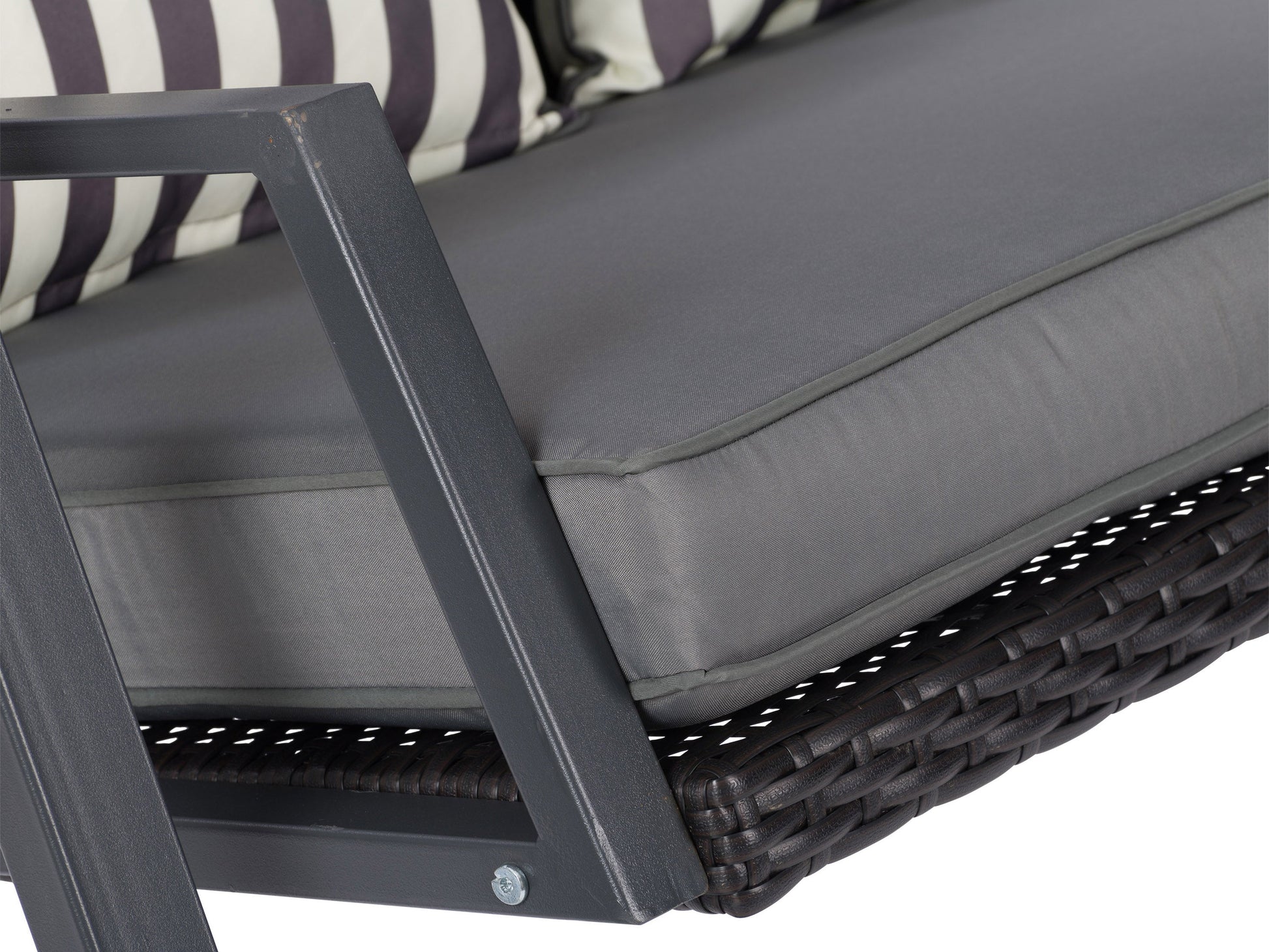 Grey patio swing with canopy, featuring a sturdy metal frame, comfortable cushioned seats, and weather-resistant fabric. Ideal for outdoor relaxation in gardens, patios, or backyards.