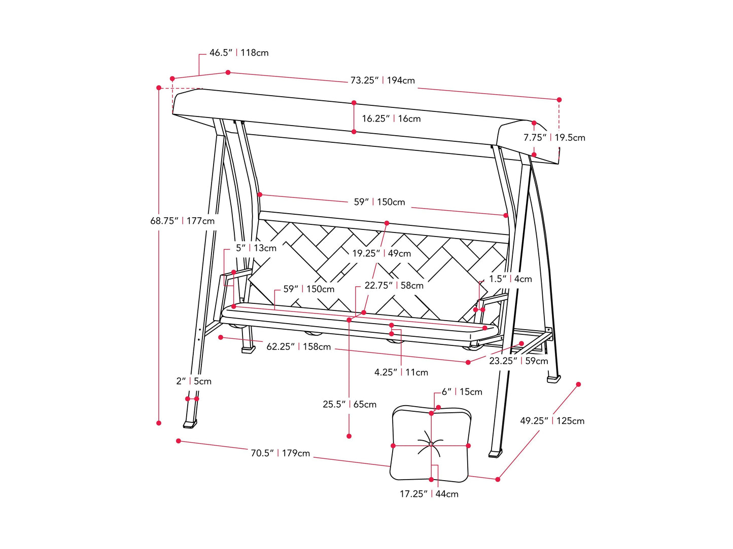 Grey patio swing with canopy, featuring a sturdy metal frame, comfortable cushioned seats, and weather-resistant fabric. Ideal for outdoor relaxation in gardens, patios, or backyards.