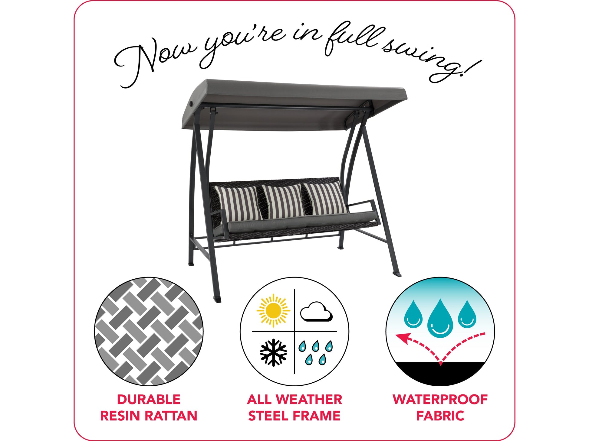 Grey patio swing with canopy, featuring a sturdy metal frame, comfortable cushioned seats, and weather-resistant fabric. Ideal for outdoor relaxation in gardens, patios, or backyards.