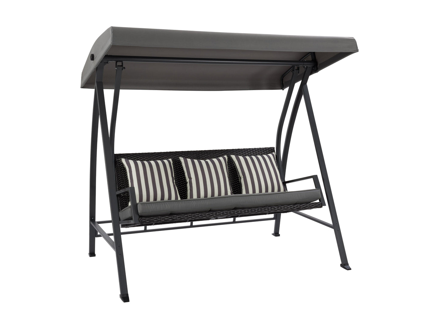 Grey patio swing with canopy, featuring a sturdy metal frame, comfortable cushioned seats, and weather-resistant fabric. Ideal for outdoor relaxation in gardens, patios, or backyards.