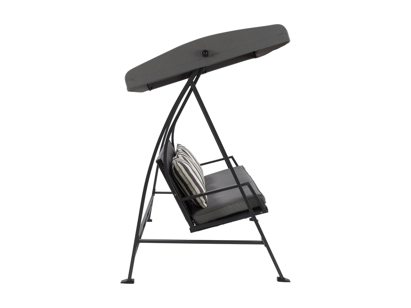 Grey patio swing with canopy, featuring a sturdy metal frame, comfortable cushioned seats, and weather-resistant fabric. Ideal for outdoor relaxation in gardens, patios, or backyards.