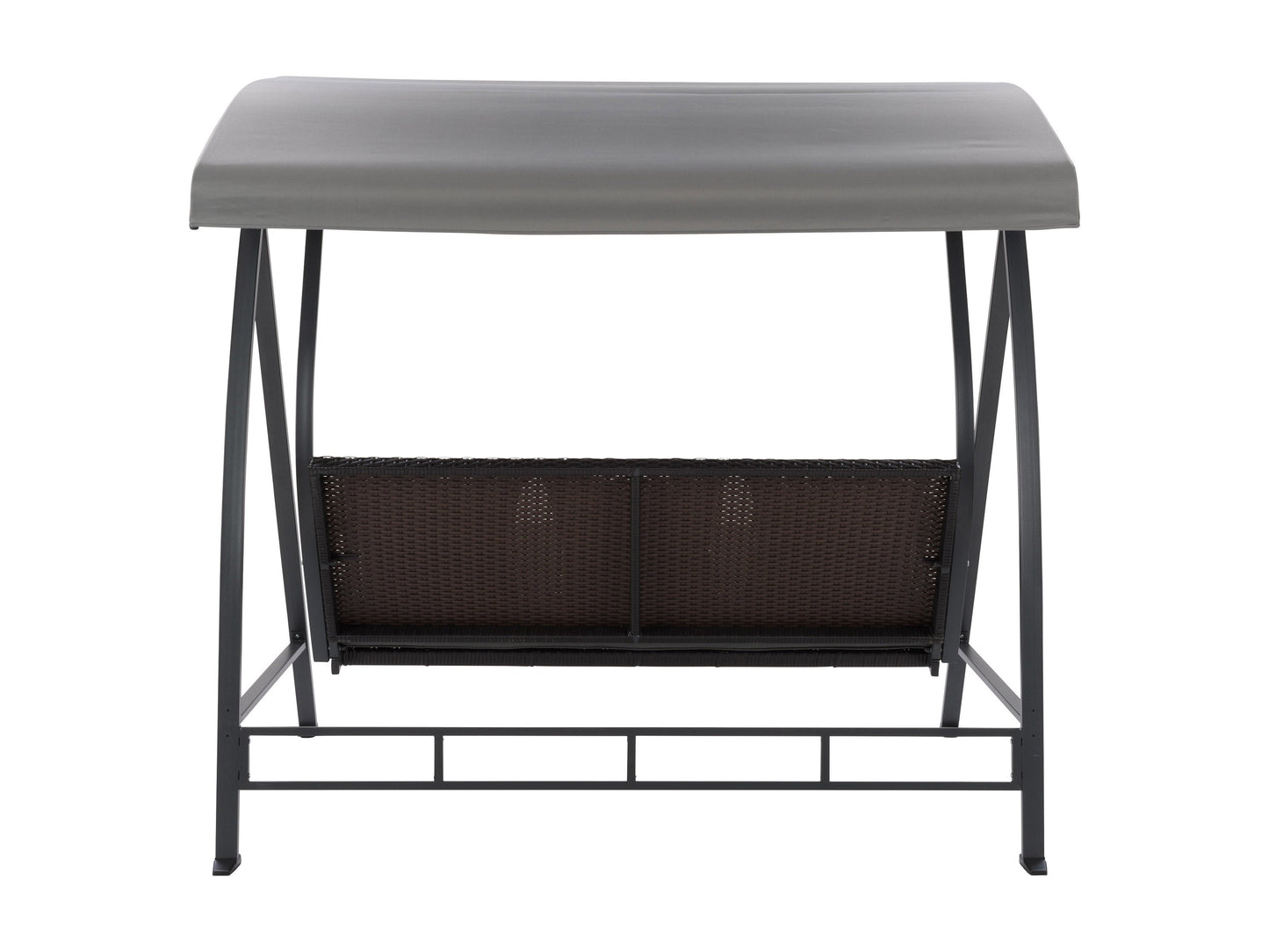 Grey patio swing with canopy, featuring a sturdy metal frame, comfortable cushioned seats, and weather-resistant fabric. Ideal for outdoor relaxation in gardens, patios, or backyards.
