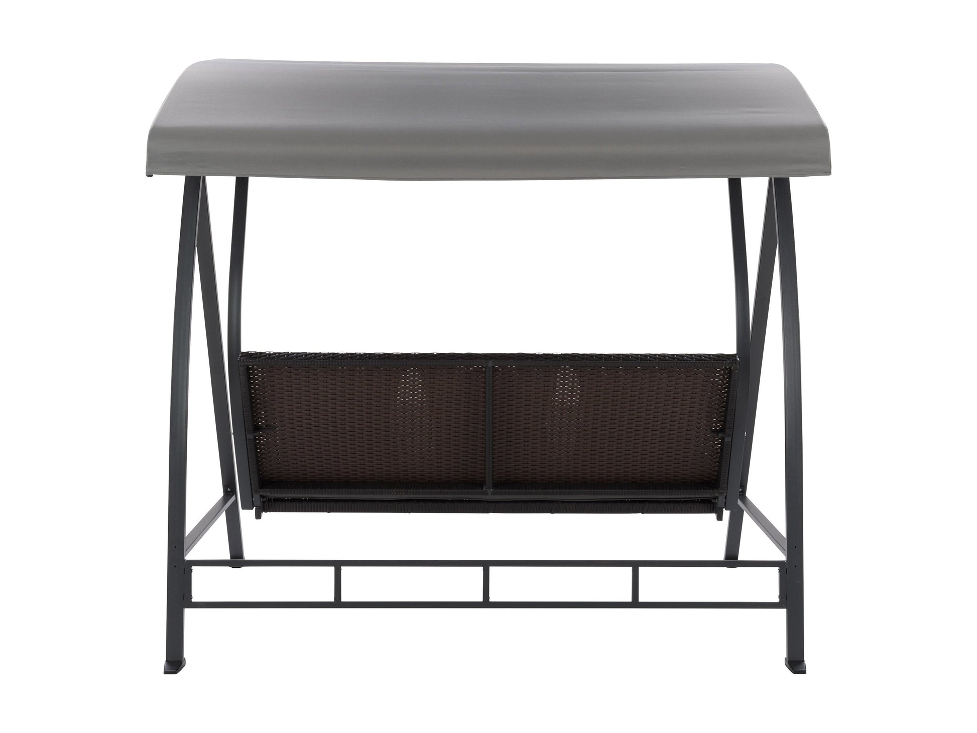 Grey patio swing with canopy, featuring a sturdy metal frame, comfortable cushioned seats, and weather-resistant fabric. Ideal for outdoor relaxation in gardens, patios, or backyards.