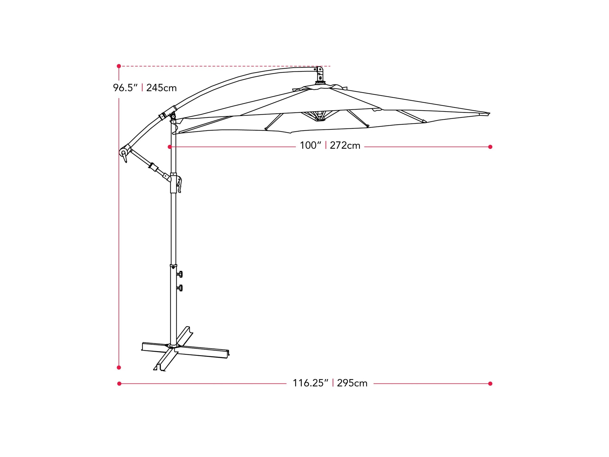 Grey 9ft cantilever patio umbrella with tilting feature, sturdy aluminum frame, weather-resistant fabric, and crank lift system, ideal for outdoor shade on patios or gardens.