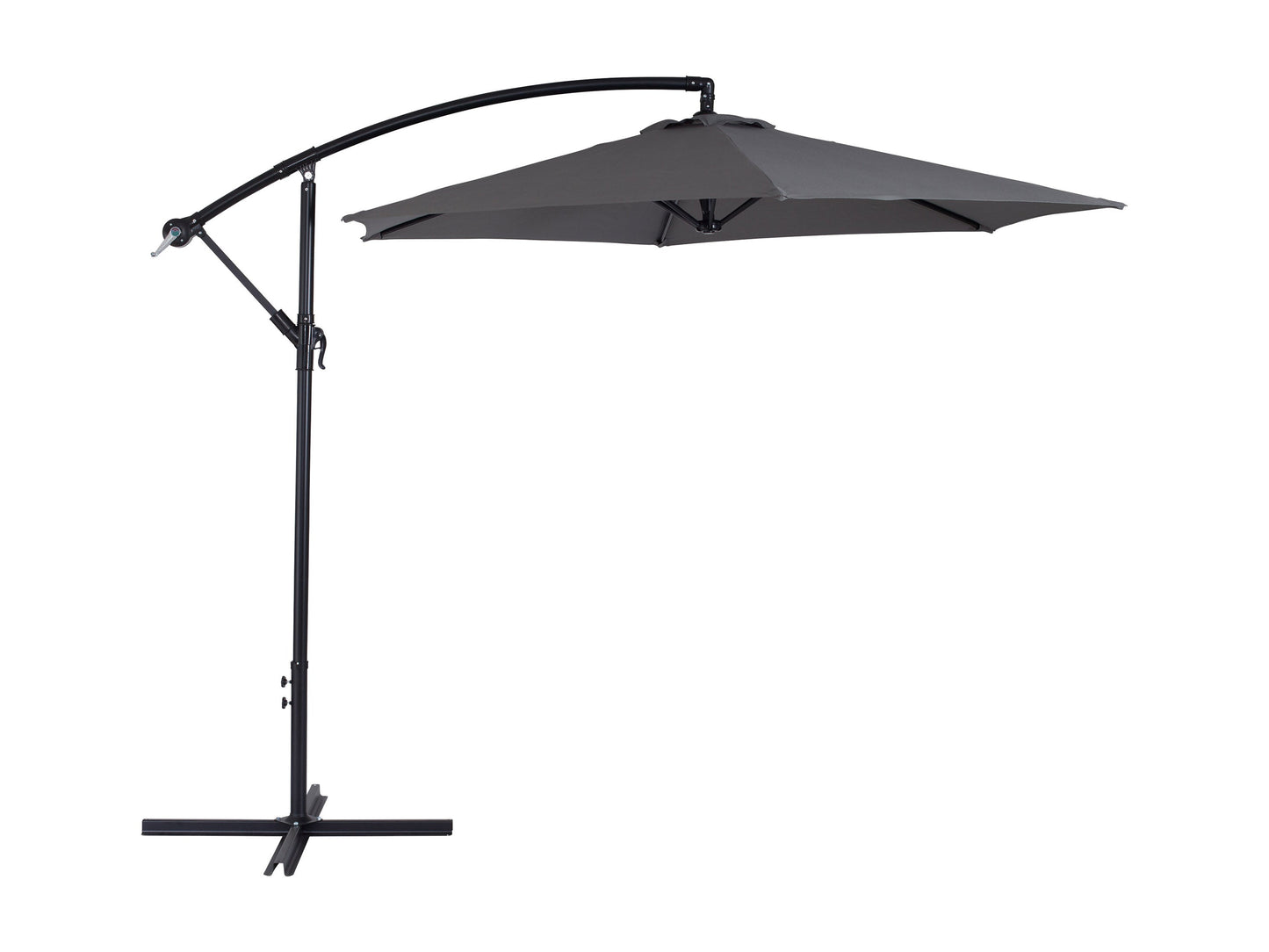 Grey 9ft cantilever patio umbrella with tilting feature, sturdy aluminum frame, weather-resistant fabric, and crank lift system, ideal for outdoor shade on patios or gardens.