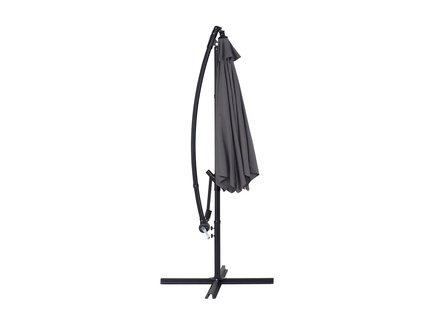 Grey 9ft cantilever patio umbrella with tilting feature, sturdy aluminum frame, weather-resistant fabric, and crank lift system, ideal for outdoor shade on patios or gardens.