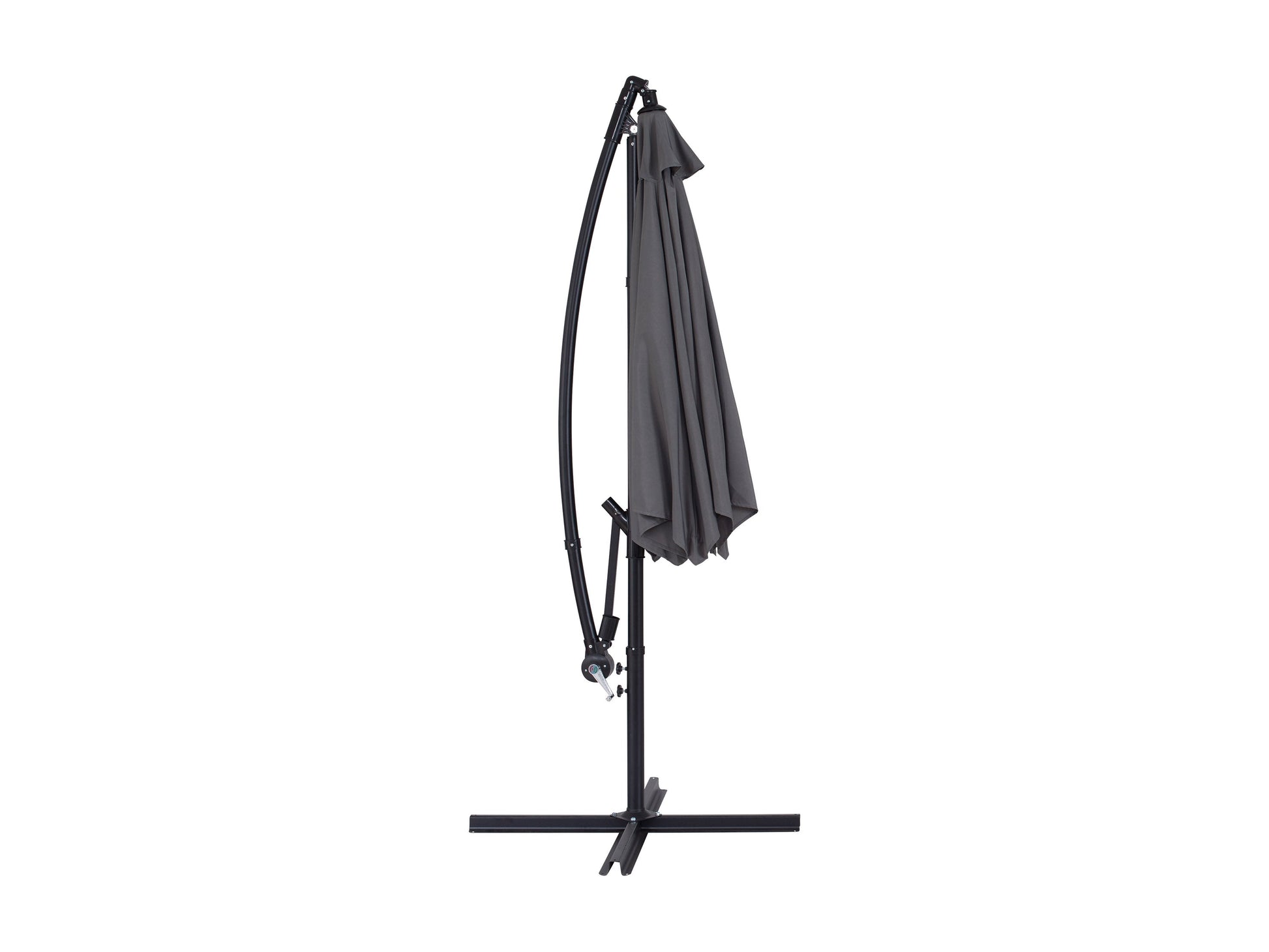 Grey 9ft cantilever patio umbrella with tilting feature, sturdy aluminum frame, weather-resistant fabric, and crank lift system, ideal for outdoor shade on patios or gardens.