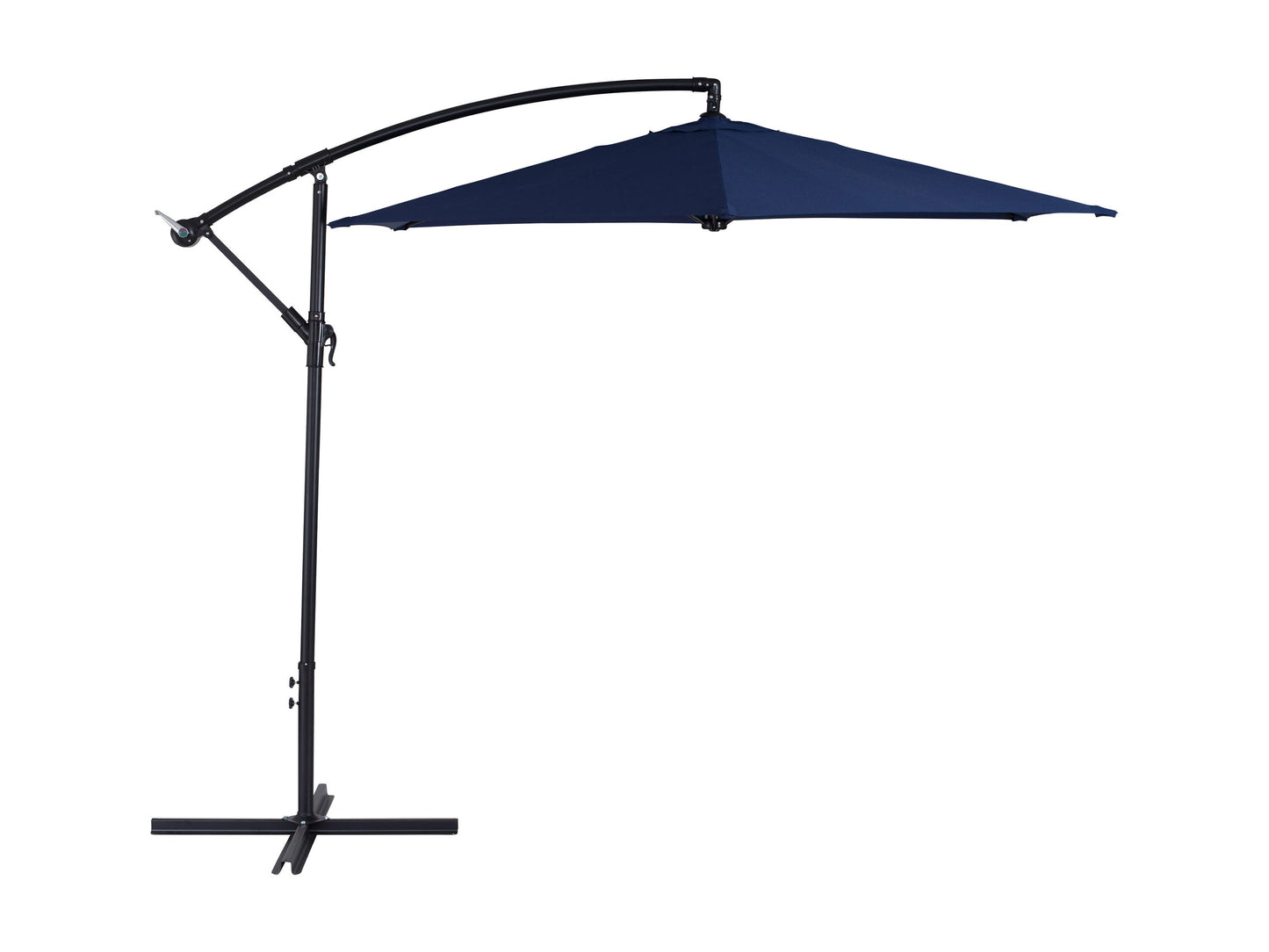 Navy blue 9ft cantilever patio umbrella with tilting feature, sturdy aluminum frame, and UV-resistant fabric, perfect for providing shade in outdoor spaces.