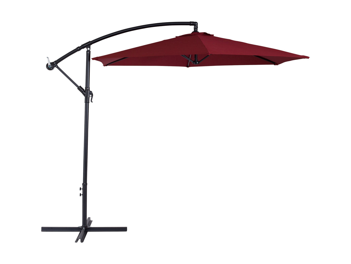Wine red 9ft cantilever patio umbrella with tilting feature, sturdy aluminum frame, UV-resistant fabric, and crank lift system for easy adjustment. Perfect for outdoor spaces like patios, gardens, and poolside areas.
