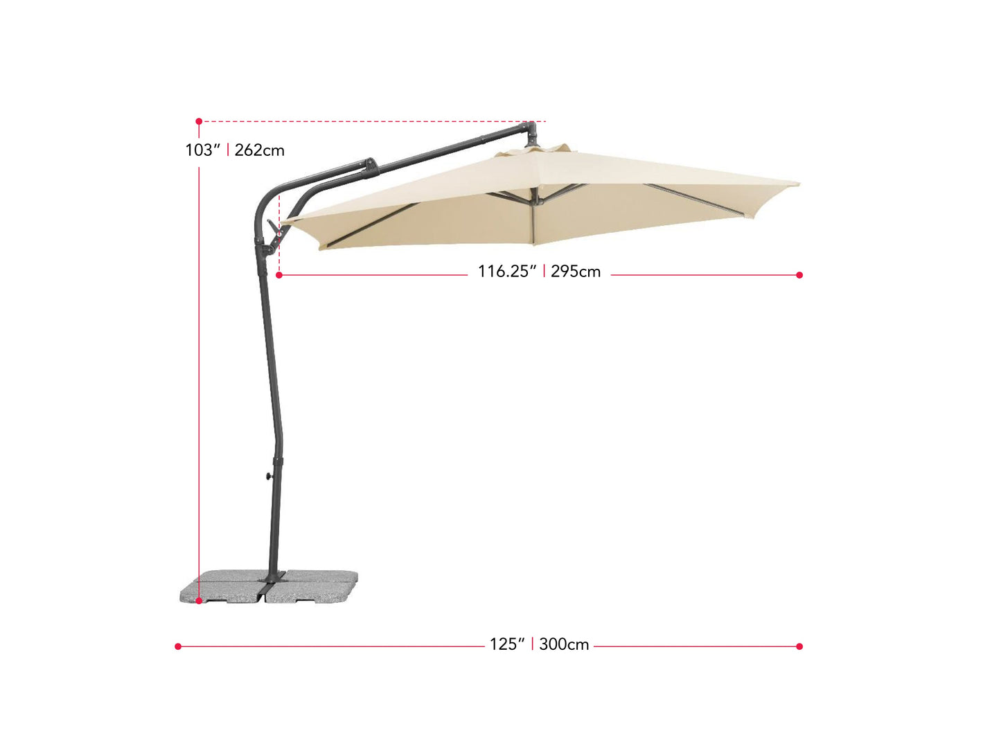 10ft grey cantilever patio umbrella with adjustable tilting mechanism, sturdy aluminum frame, and weather-resistant fabric, providing ample shade for outdoor seating areas.