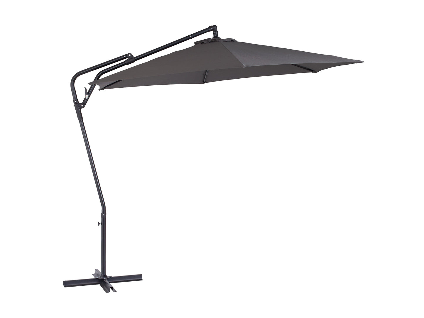 10ft grey cantilever patio umbrella with adjustable tilting mechanism, sturdy aluminum frame, and weather-resistant fabric, providing ample shade for outdoor seating areas.