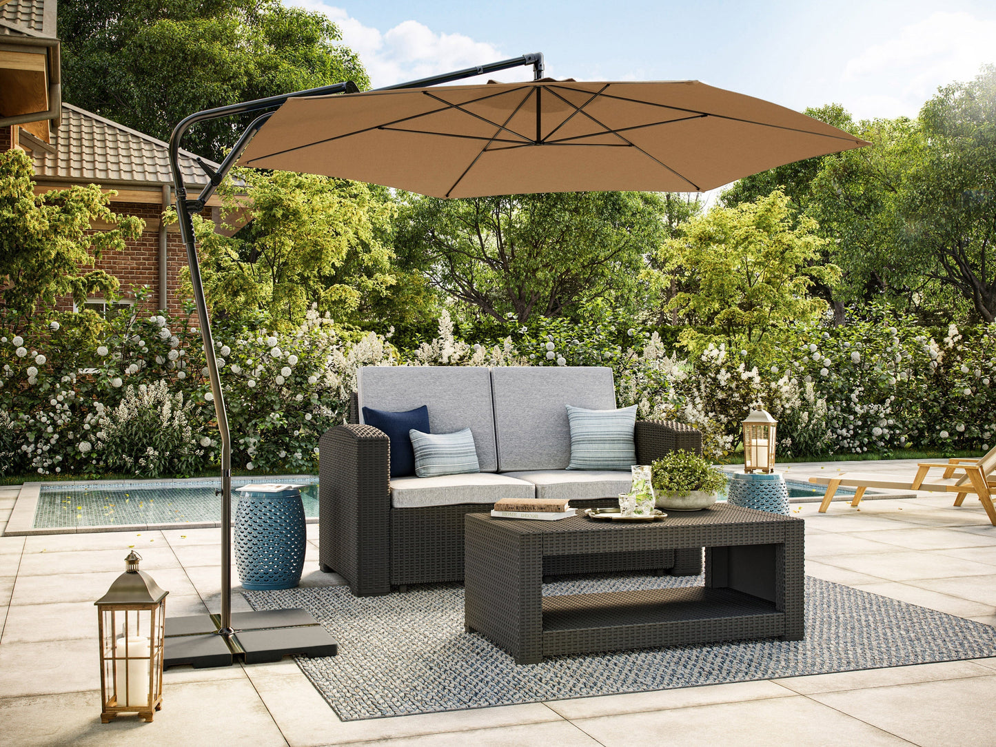10ft taupe cantilever patio umbrella with tilting feature, sturdy aluminum frame, and UV-resistant fabric, ideal for outdoor shade on decks, patios, and gardens.