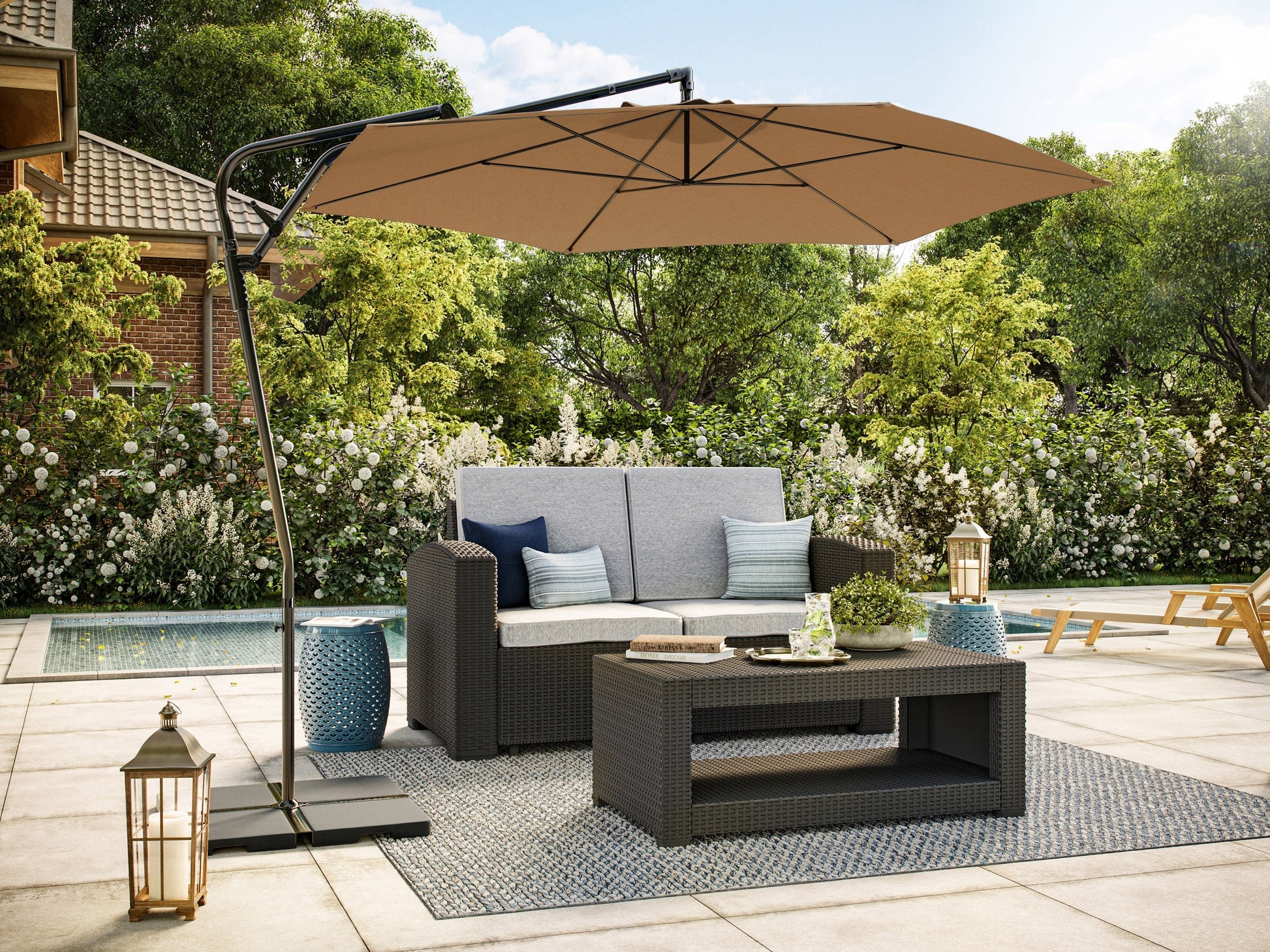 10ft taupe cantilever patio umbrella with tilting feature, sturdy aluminum frame, and UV-resistant fabric, ideal for outdoor shade on decks, patios, and gardens.