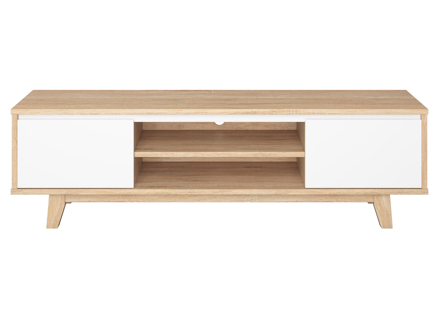 White and brown wood TV stand for TVs up to 68 inches, featuring sleek modern design, sturdy construction, ample storage with open shelves and cabinets, and a smooth white finish with contrasting brown accents.