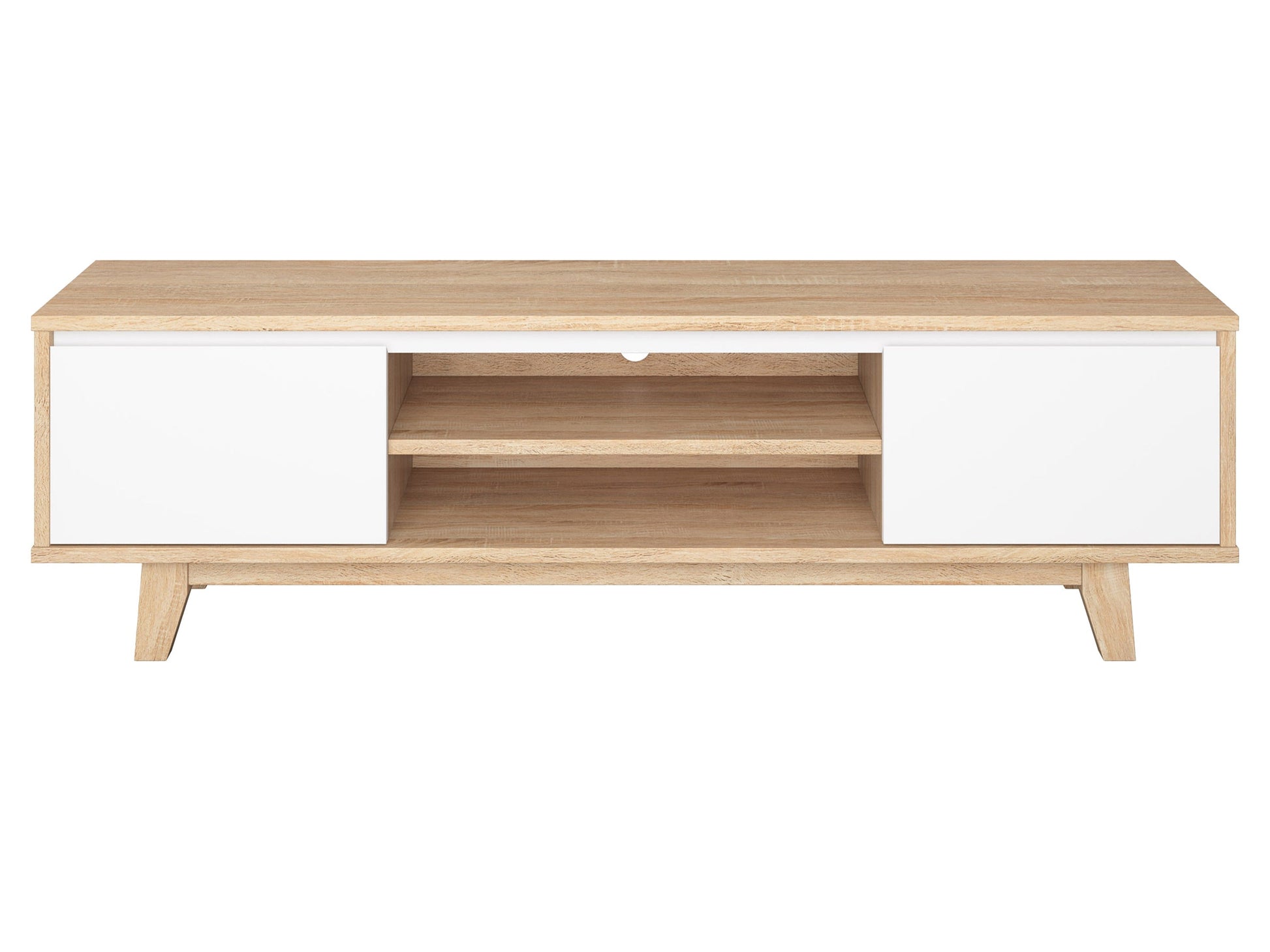White and brown wood TV stand for TVs up to 68 inches, featuring sleek modern design, sturdy construction, ample storage with open shelves and cabinets, and a smooth white finish with contrasting brown accents.