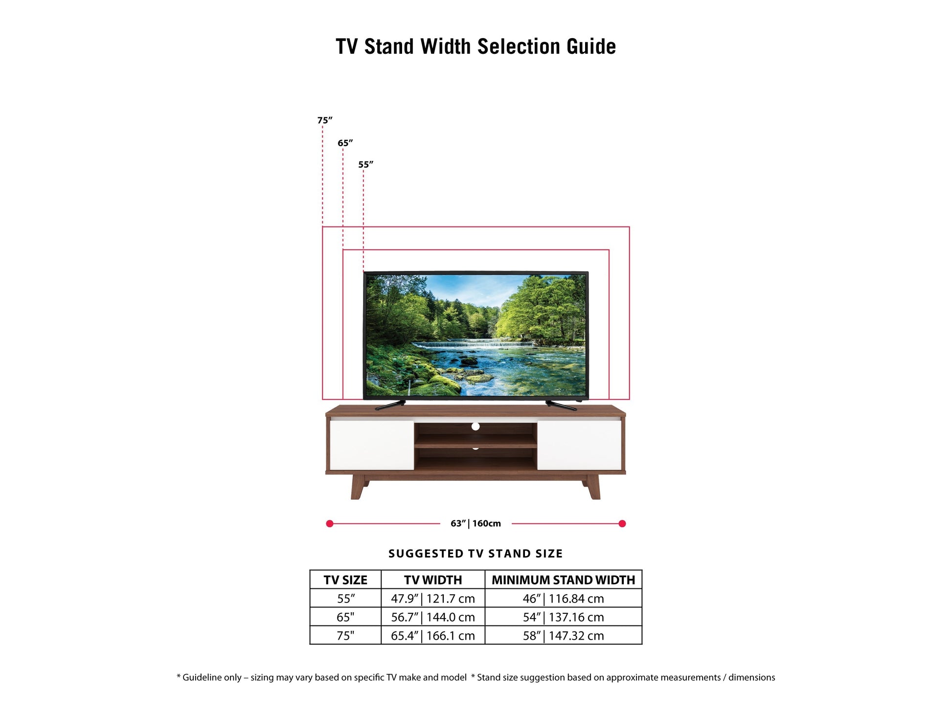 White and dark brown wood TV stand with two open shelves and two cabinets, suitable for TVs up to 68 inches. Features a modern design with a smooth finish, perfect for contemporary living rooms.
