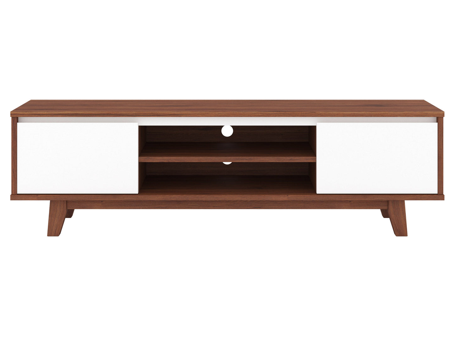 White and dark brown wood TV stand with two open shelves and two cabinets, suitable for TVs up to 68 inches. Features a modern design with a smooth finish, perfect for contemporary living rooms.