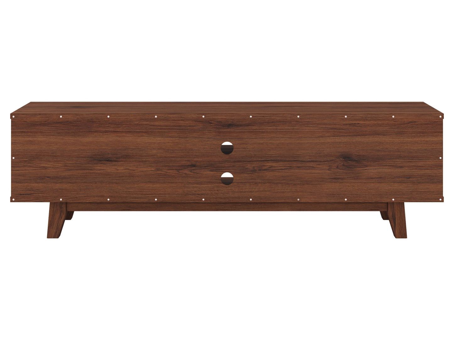 White and dark brown wood TV stand with two open shelves and two cabinets, suitable for TVs up to 68 inches. Features a modern design with a smooth finish, perfect for contemporary living rooms.