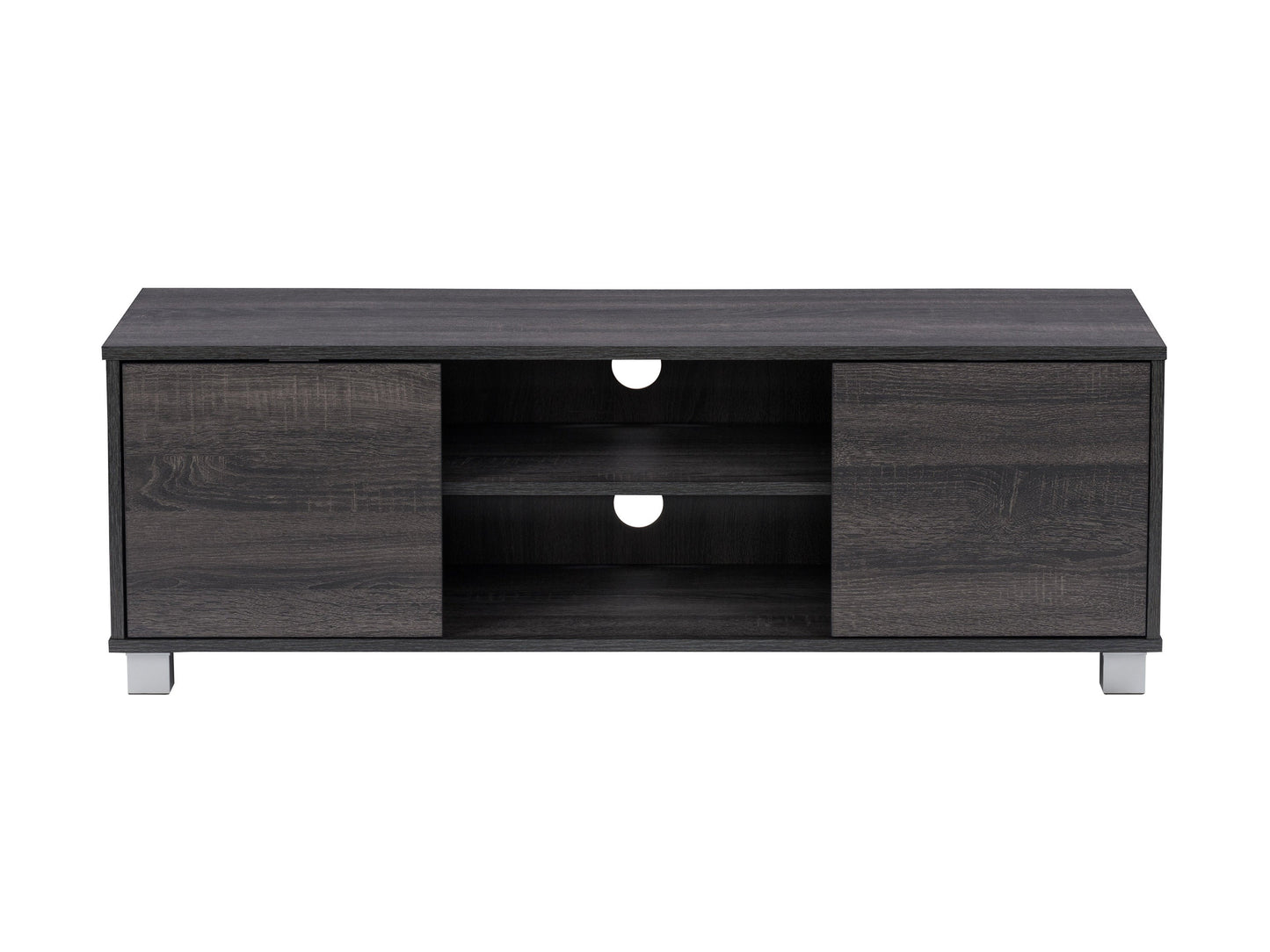 Dark grey modern TV stand for TVs up to 55 inches, featuring sleek lines, sturdy wooden construction, open shelving, and cable management system. Perfect for contemporary living rooms and entertainment areas.