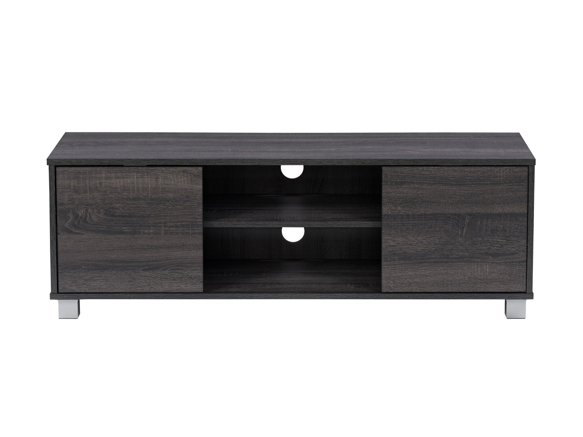 Dark grey modern TV stand for TVs up to 55 inches, featuring sleek lines, sturdy wooden construction, open shelving, and cable management system. Perfect for contemporary living rooms and entertainment areas.