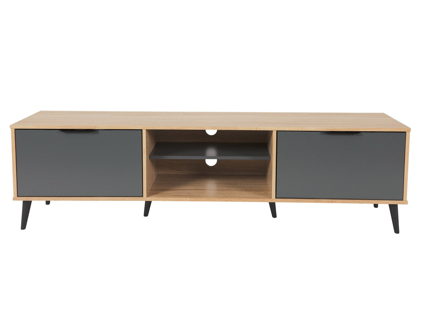 Light wood and grey TV stand with open and closed storage, fits TVs up to 85 inches, featuring a sleek design, multiple shelves, and cabinet doors for organized media equipment storage.