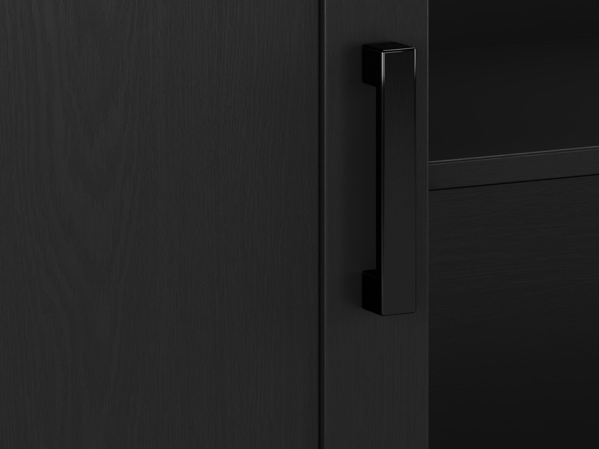 Black TV stand with doors, suitable for TVs up to 85 inches. Features sleek black finish, modern design, ample storage space with cabinets and shelves, and sturdy construction. Ideal for contemporary living rooms.