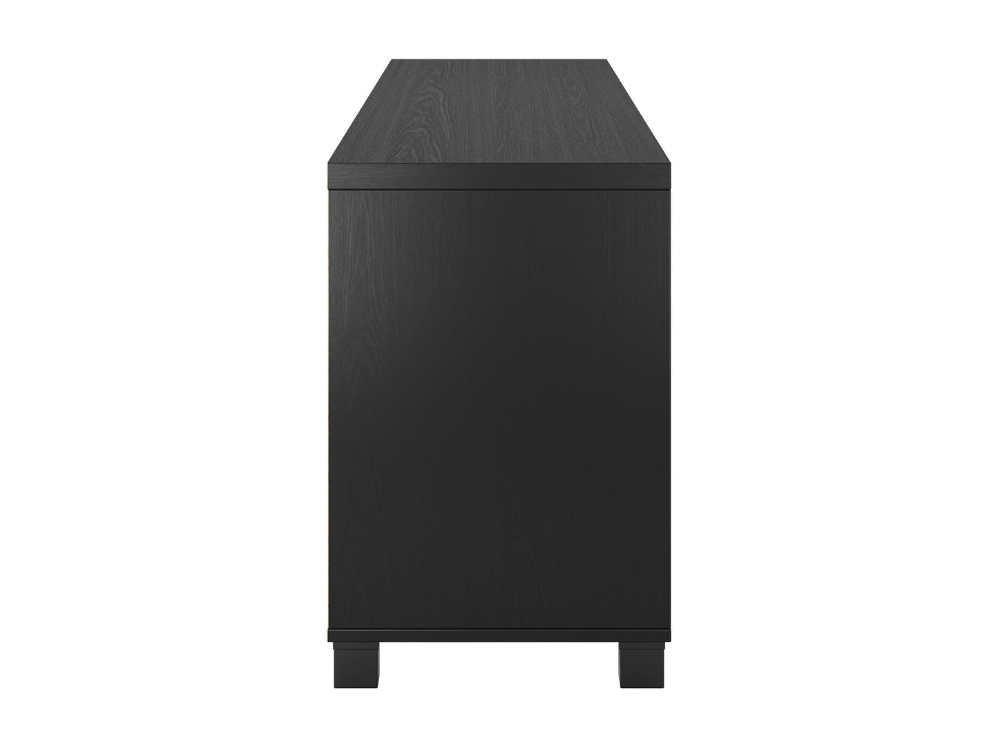 Black TV stand with doors, suitable for TVs up to 85 inches. Features sleek black finish, modern design, ample storage space with cabinets and shelves, and sturdy construction. Ideal for contemporary living rooms.