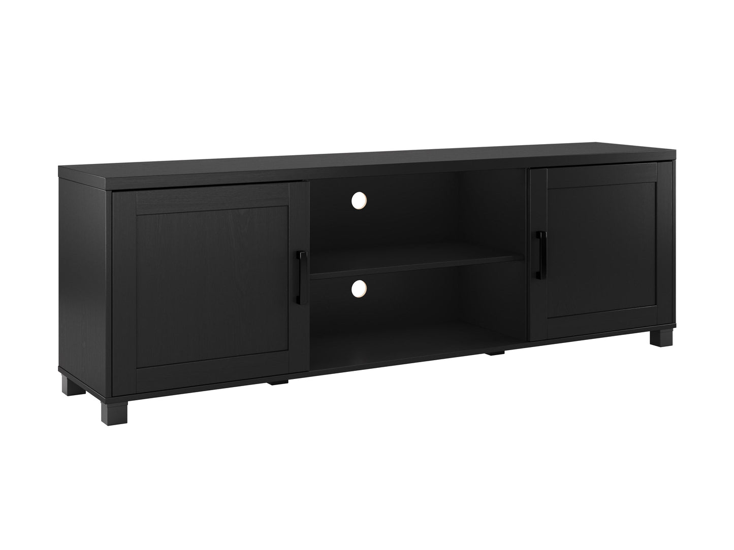 Black TV stand with doors, suitable for TVs up to 85 inches. Features sleek black finish, modern design, ample storage space with cabinets and shelves, and sturdy construction. Ideal for contemporary living rooms.