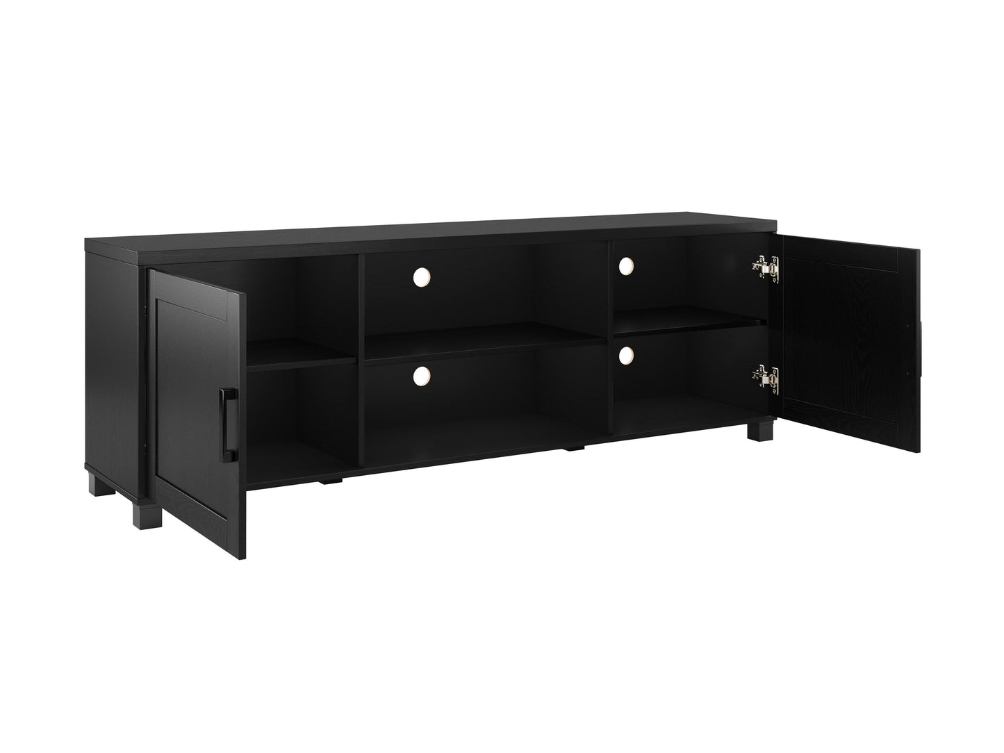 Black TV stand with doors, suitable for TVs up to 85 inches. Features sleek black finish, modern design, ample storage space with cabinets and shelves, and sturdy construction. Ideal for contemporary living rooms.