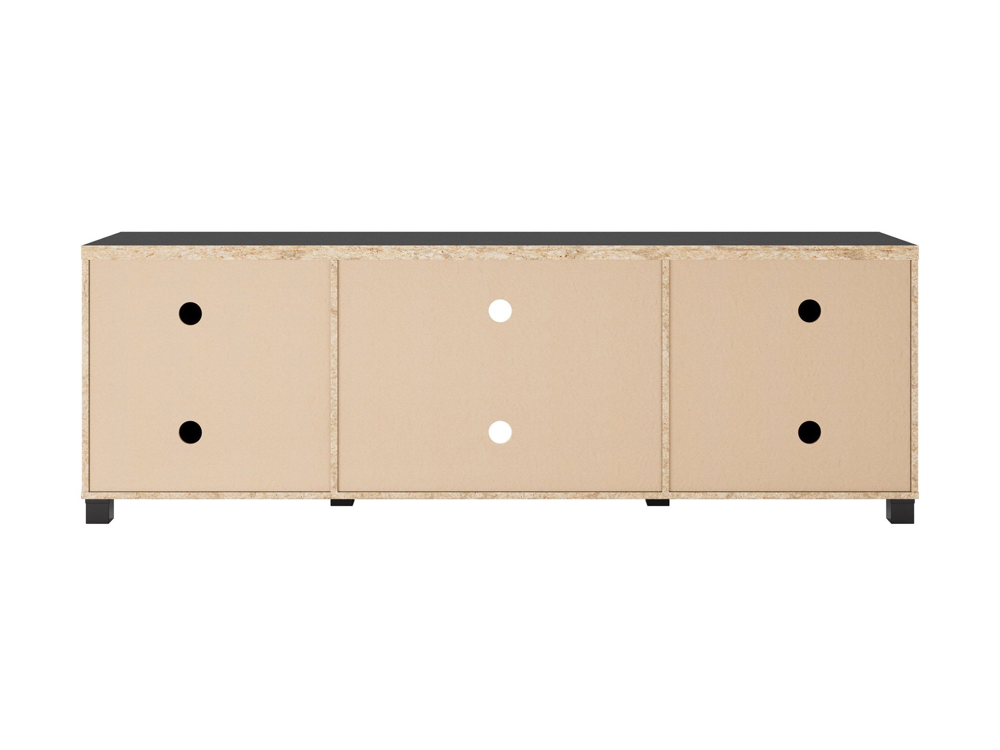 Black TV stand with doors, suitable for TVs up to 85 inches. Features sleek black finish, modern design, ample storage space with cabinets and shelves, and sturdy construction. Ideal for contemporary living rooms.