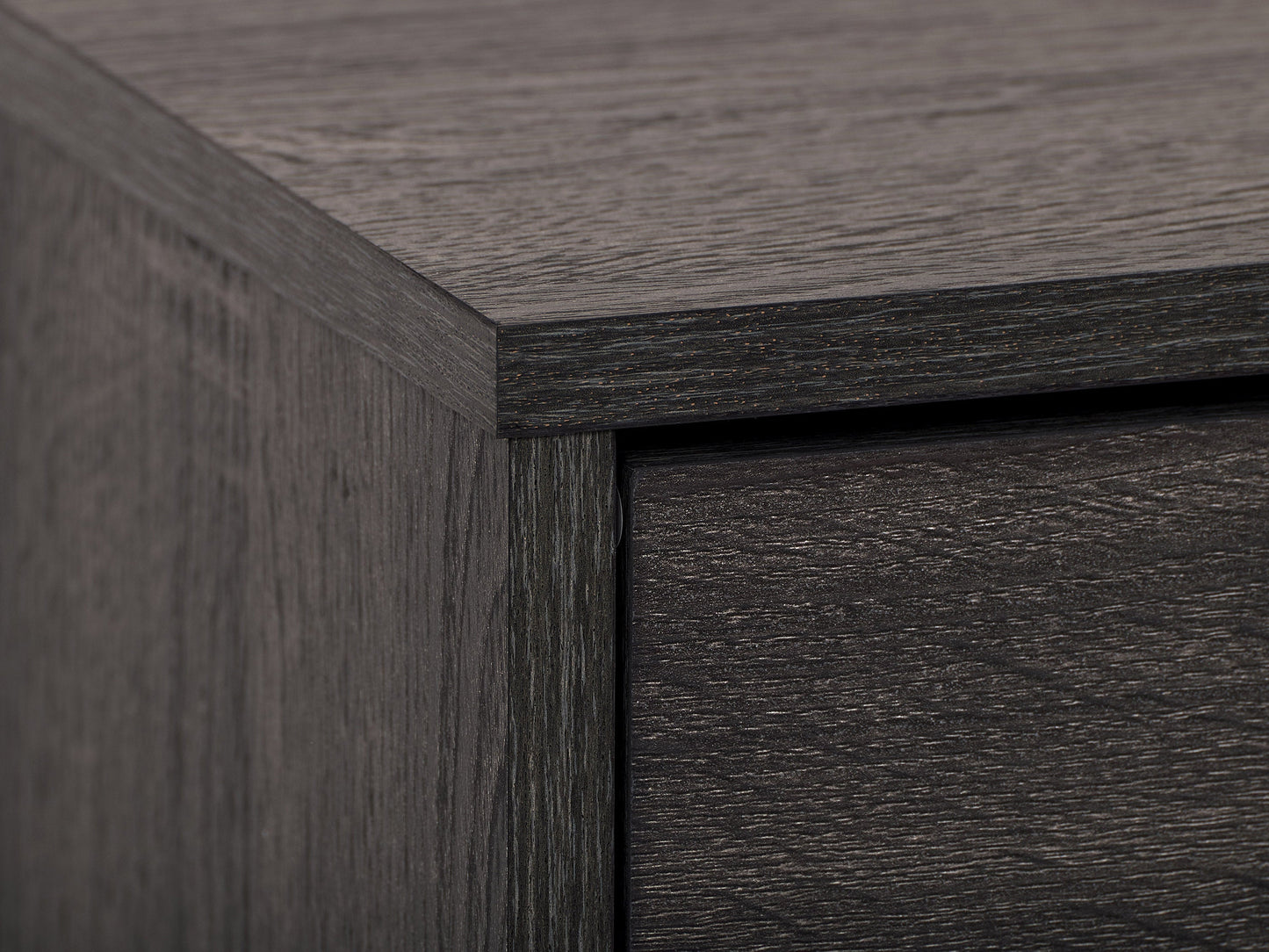 Dark grey TV bench with open and closed storage compartments, suitable for TVs up to 85 inches. Features sleek design, sturdy construction, and ample space for media devices and accessories.