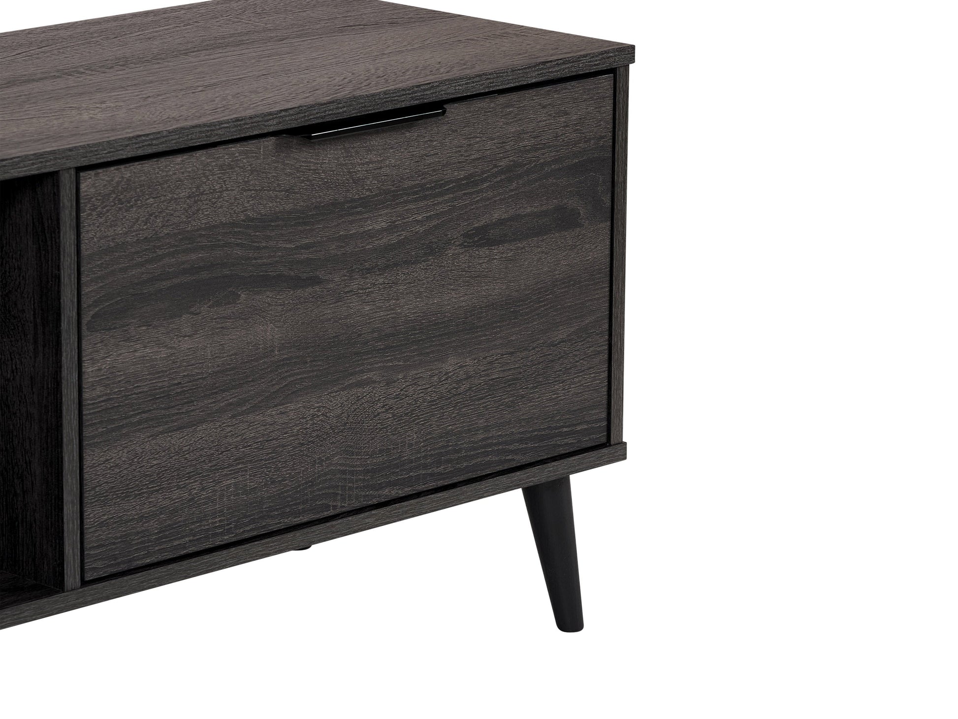 Dark grey TV bench with open and closed storage compartments, suitable for TVs up to 85 inches. Features sleek design, sturdy construction, and ample space for media devices and accessories.
