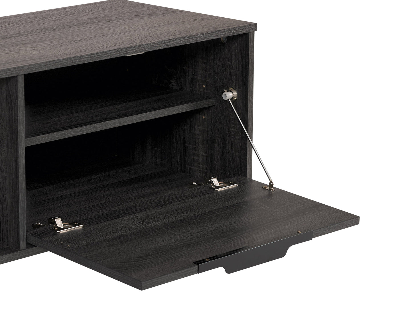 Dark grey TV bench with open and closed storage compartments, suitable for TVs up to 85 inches. Features sleek design, sturdy construction, and ample space for media devices and accessories.