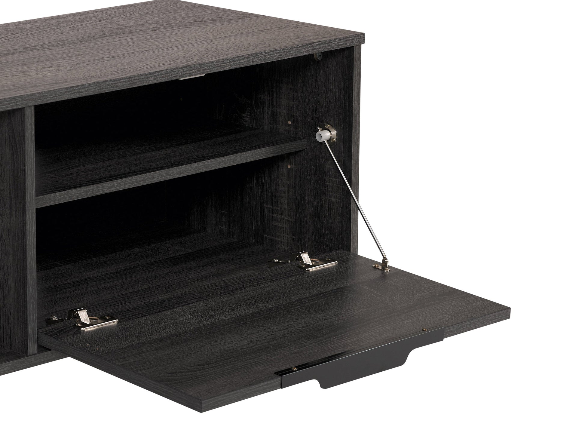 Dark grey TV bench with open and closed storage compartments, suitable for TVs up to 85 inches. Features sleek design, sturdy construction, and ample space for media devices and accessories.