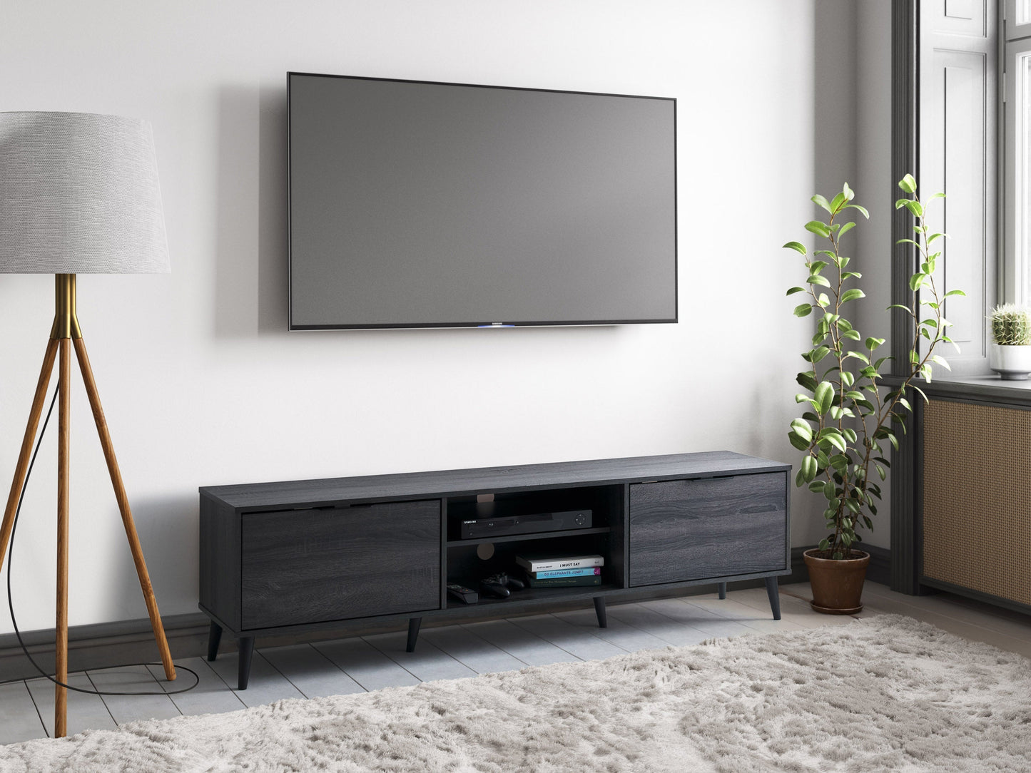 Dark grey TV bench with open and closed storage compartments, suitable for TVs up to 85 inches. Features sleek design, sturdy construction, and ample space for media devices and accessories.