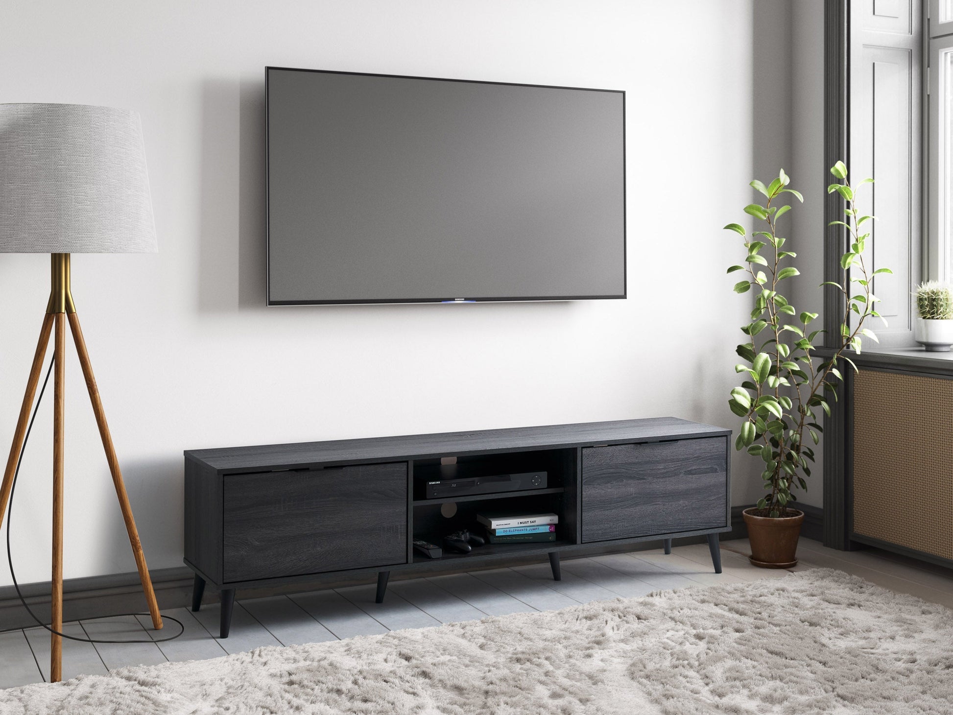 Dark grey TV bench with open and closed storage compartments, suitable for TVs up to 85 inches. Features sleek design, sturdy construction, and ample space for media devices and accessories.