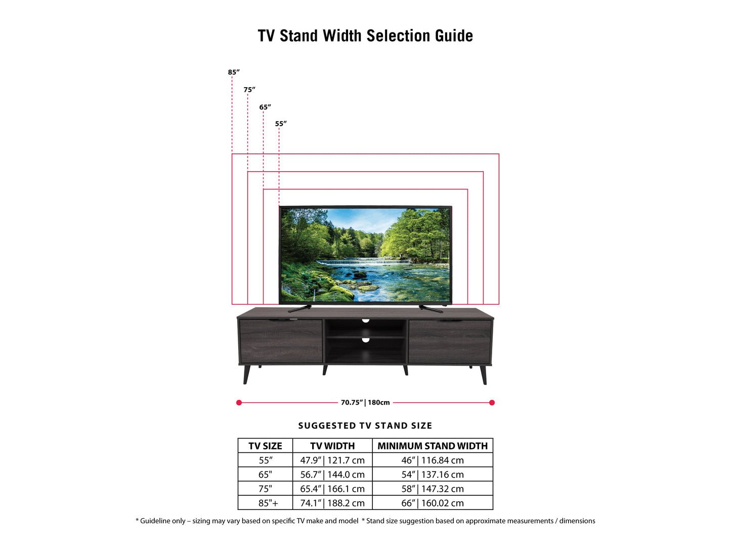 Dark grey TV bench with open and closed storage compartments, suitable for TVs up to 85 inches. Features sleek design, sturdy construction, and ample space for media devices and accessories.