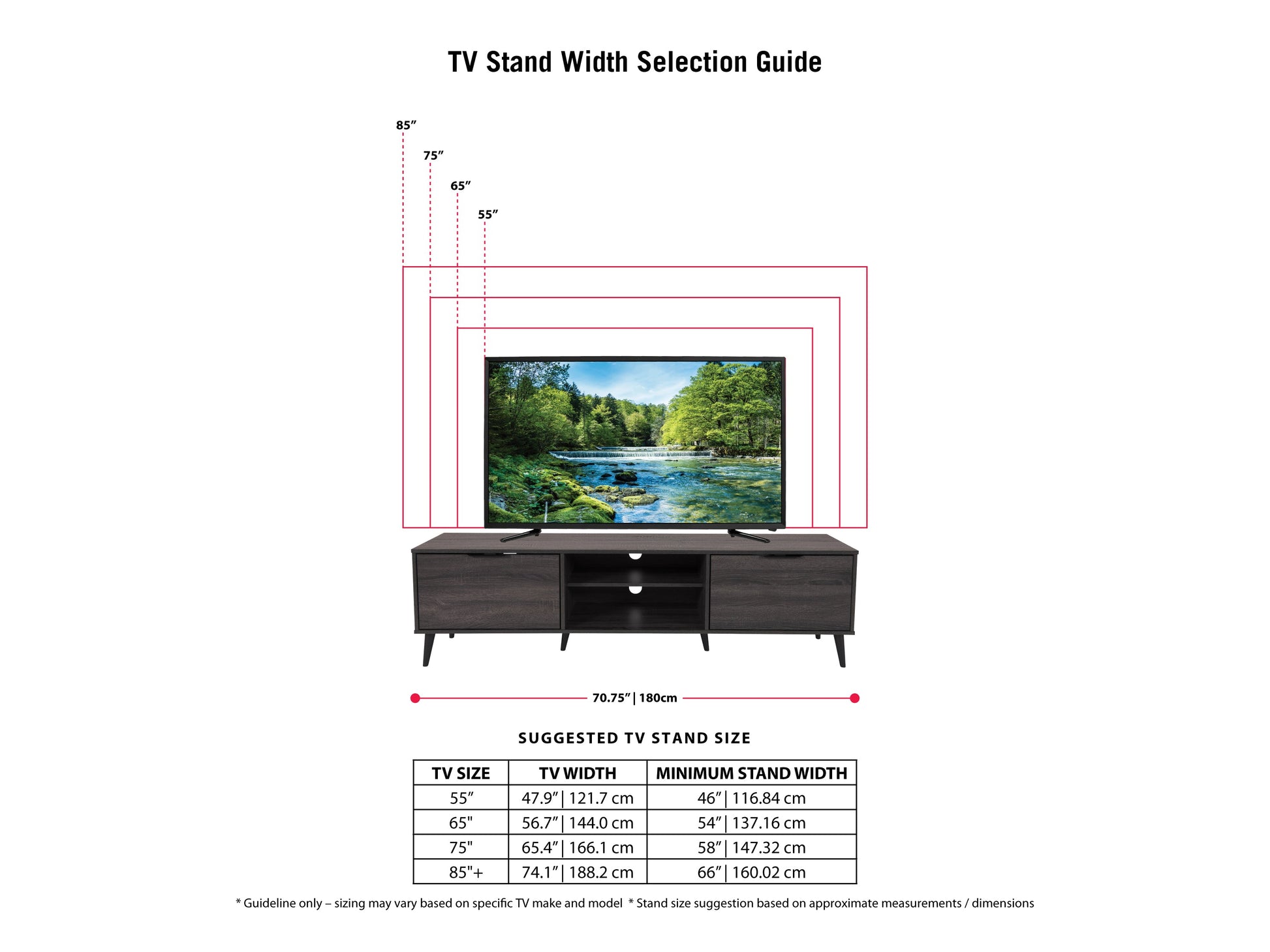 Dark grey TV bench with open and closed storage compartments, suitable for TVs up to 85 inches. Features sleek design, sturdy construction, and ample space for media devices and accessories.