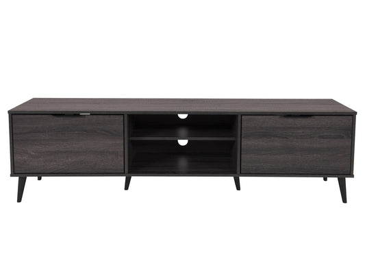 Dark grey TV bench with open and closed storage compartments, suitable for TVs up to 85 inches. Features sleek design, sturdy construction, and ample space for media devices and accessories.