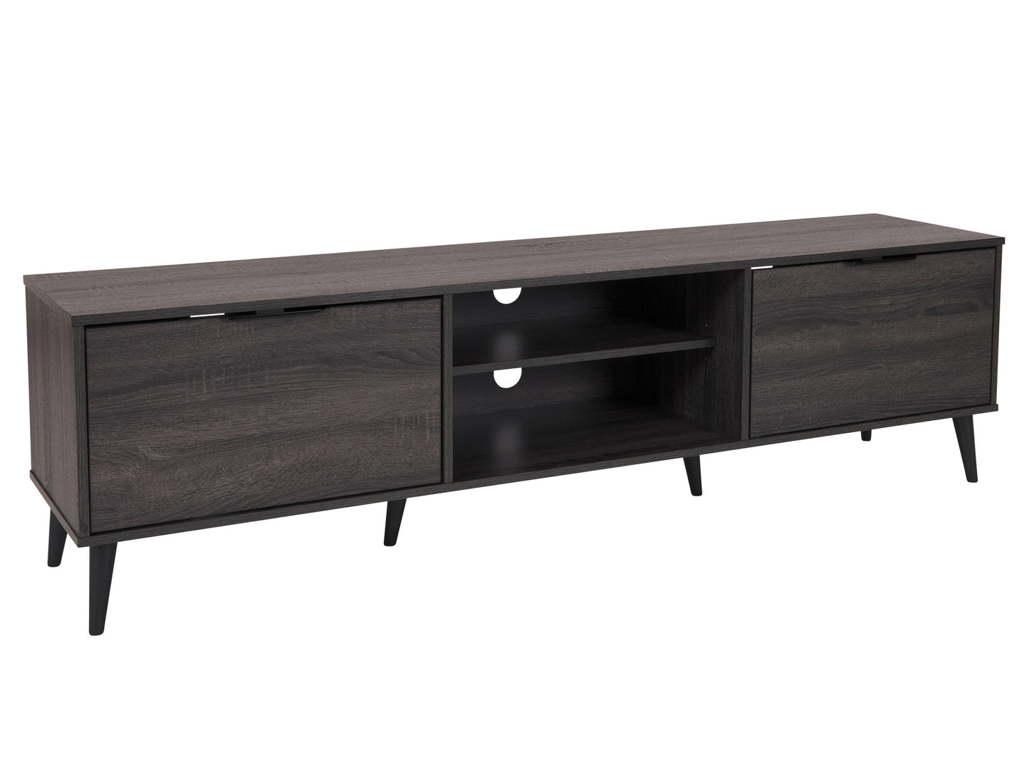 Dark grey TV bench with open and closed storage compartments, suitable for TVs up to 85 inches. Features sleek design, sturdy construction, and ample space for media devices and accessories.