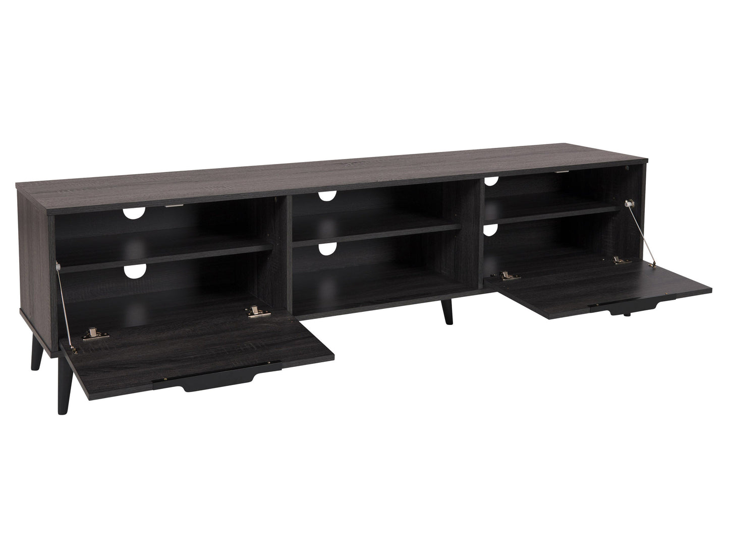 Dark grey TV bench with open and closed storage compartments, suitable for TVs up to 85 inches. Features sleek design, sturdy construction, and ample space for media devices and accessories.
