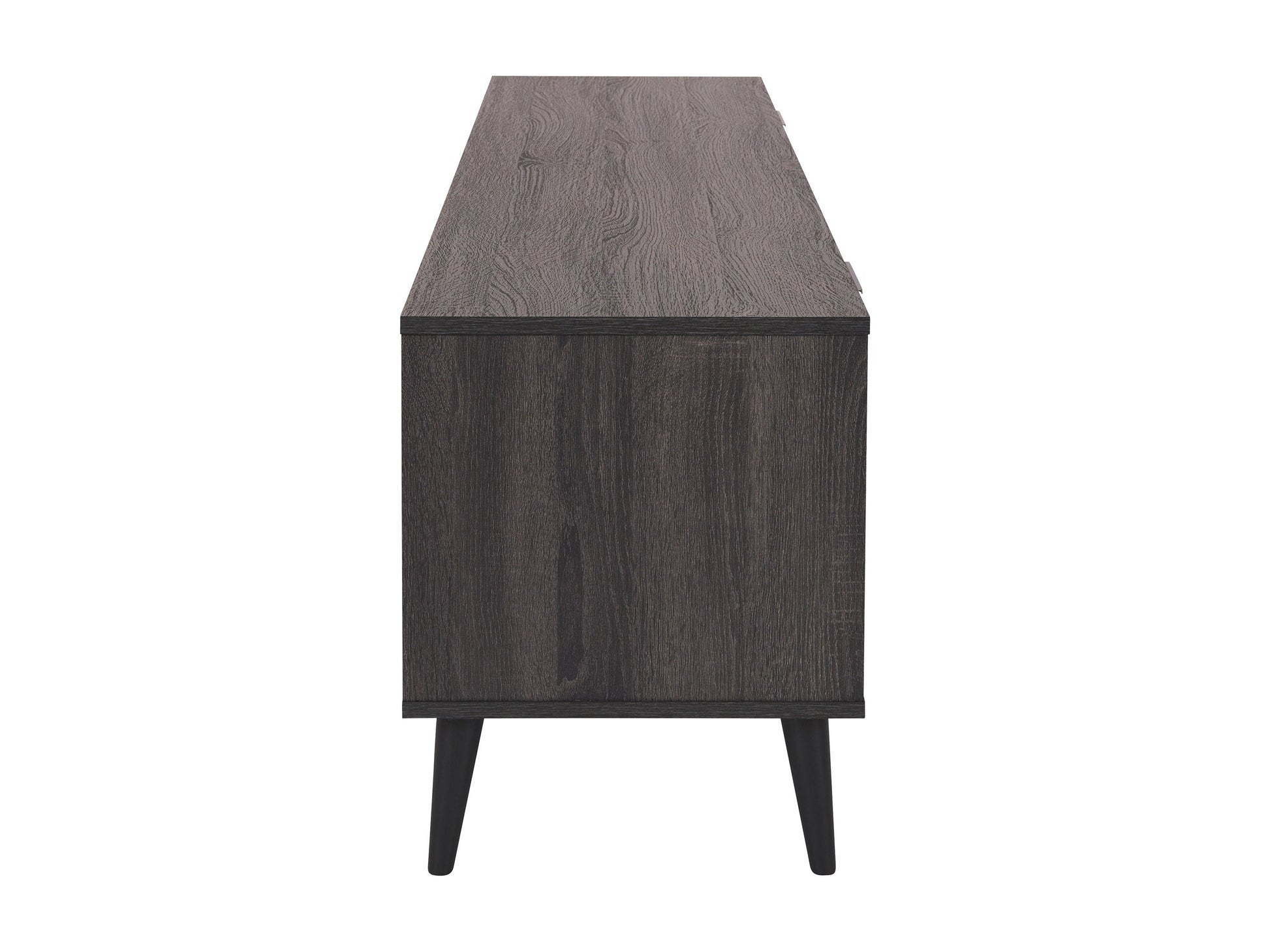 Dark grey TV bench with open and closed storage compartments, suitable for TVs up to 85 inches. Features sleek design, sturdy construction, and ample space for media devices and accessories.