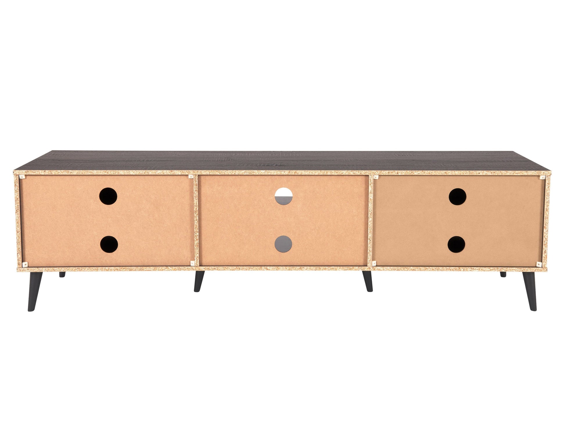 Dark grey TV bench with open and closed storage compartments, suitable for TVs up to 85 inches. Features sleek design, sturdy construction, and ample space for media devices and accessories.