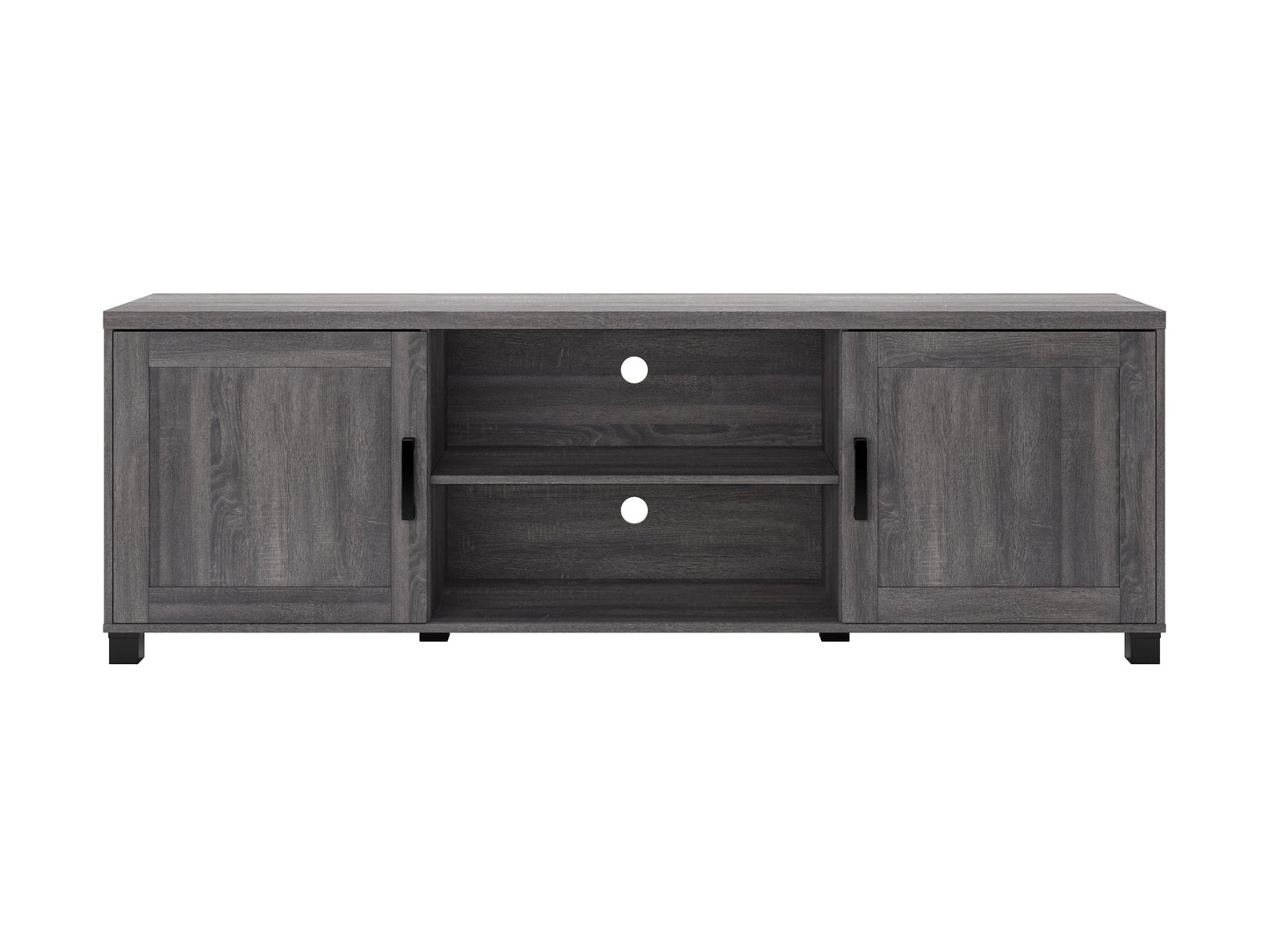 Dark grey TV stand with doors, designed for TVs up to 85 inches. Features sleek, modern design, smooth finish, and ample storage space for media devices and accessories.