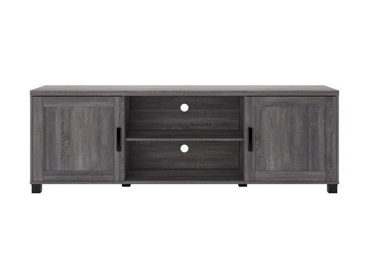 Dark grey TV stand with doors, designed for TVs up to 85 inches. Features sleek, modern design, smooth finish, and ample storage space for media devices and accessories.