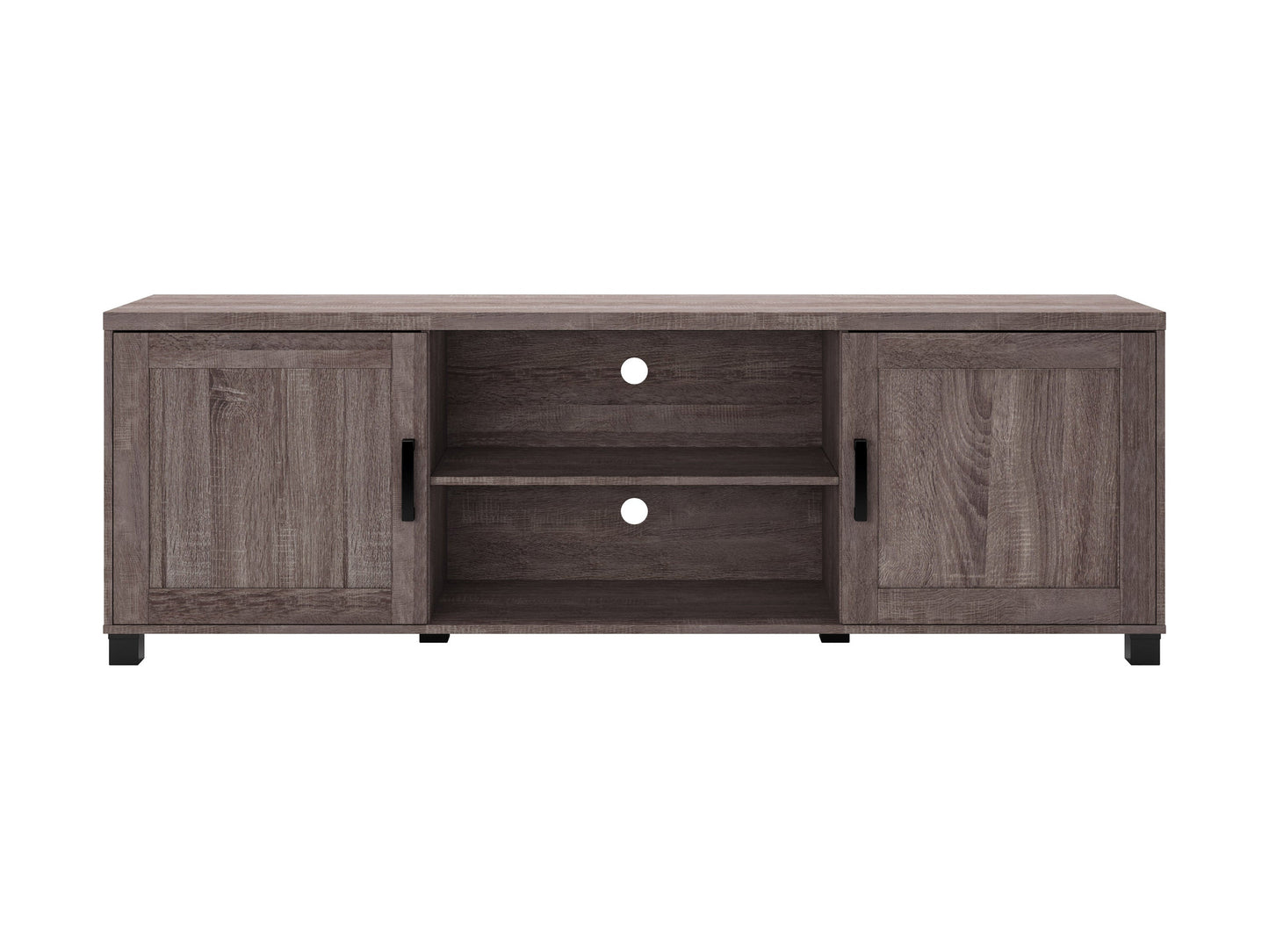 Brown wooden TV stand with doors, suitable for TVs up to 85 inches. Features a sleek design with ample storage space, including two cabinets and open shelving, perfect for living room organization.
